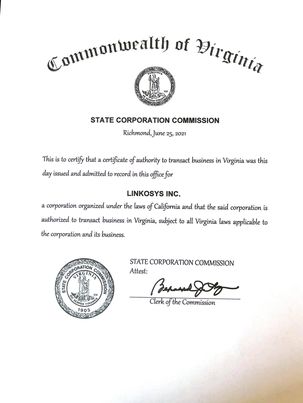 The certificate of authority to transact business in Virginia